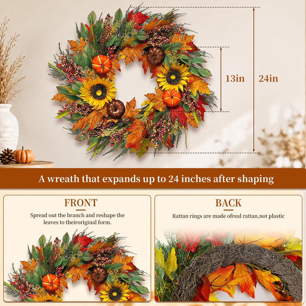 24Inch Lighted Fall Wreaths for Front Door with Timer, Fall Door Wreath
