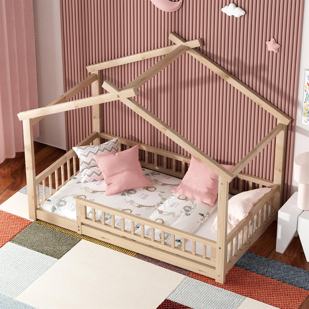 Tw Bed with Fence, Wooden Montessori Bed with Slats Support, Floor Bed Frame for Boys Girls Bedroom, Natural