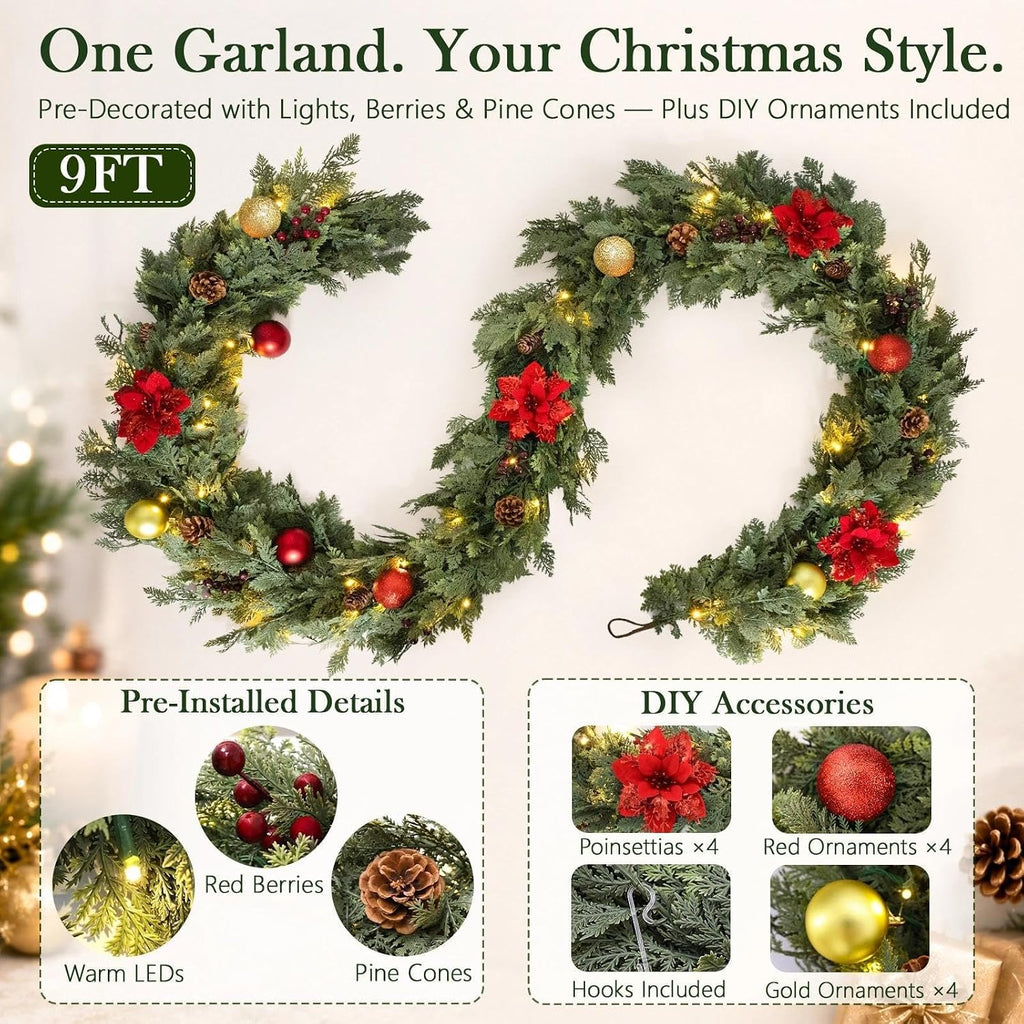 Christmas Garland 9FT Decorations Cedar Cypress Garland with Berry Pine Cone Poinsettia Balls Artificial Green