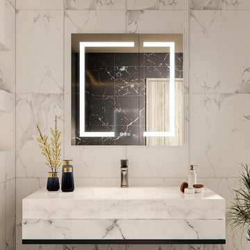 30x30 Lighted Medicine Cabinet with Mirror, Led Medicine Cabinet Mirror, Electrical Outlet, Double Mirror, Anti-Fog