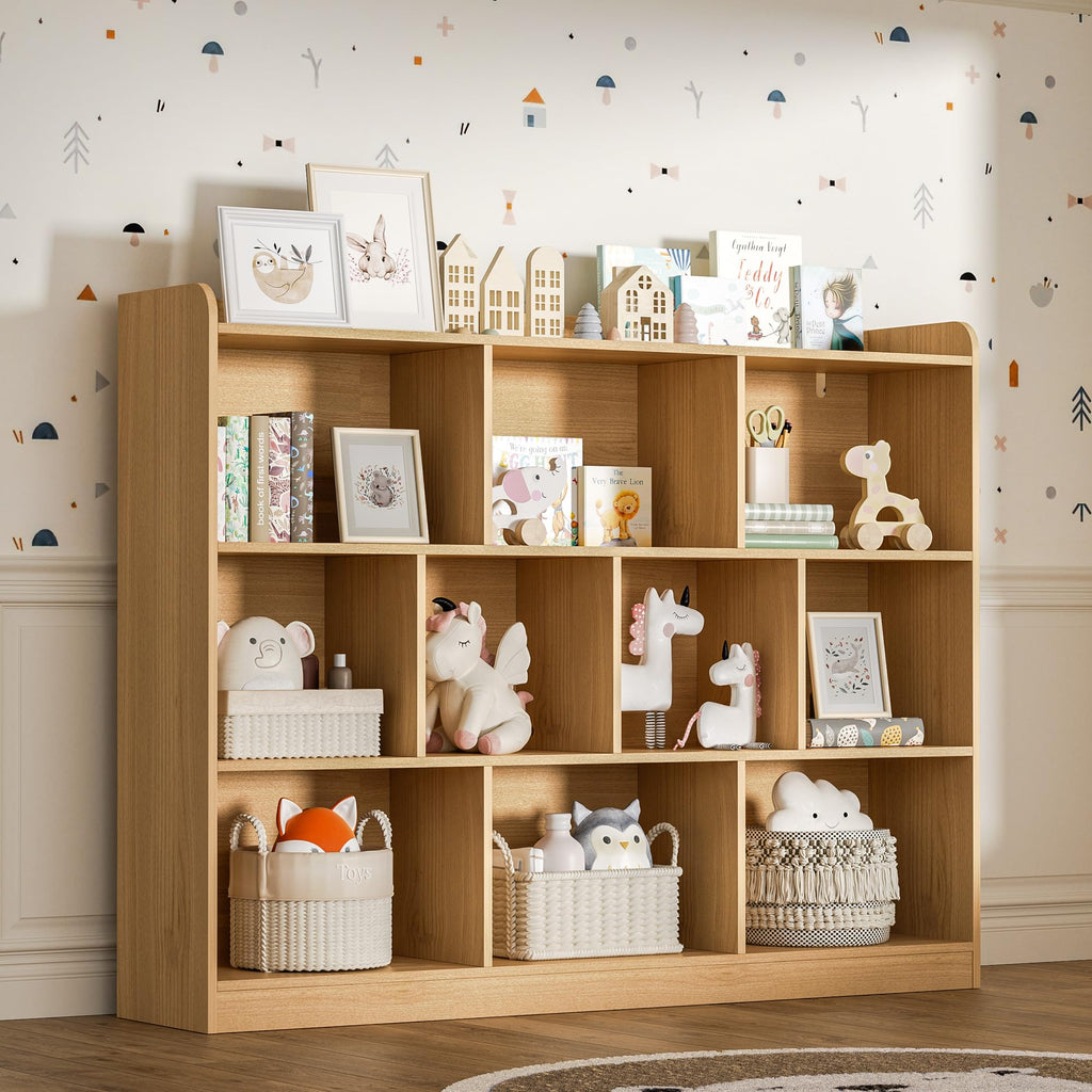 Oak Bookshelf, Wood Bookcase with 3 Tier Open Shelves, 10-Cube Minimalist Storage Shelf, 55.1" W x 42.5" H