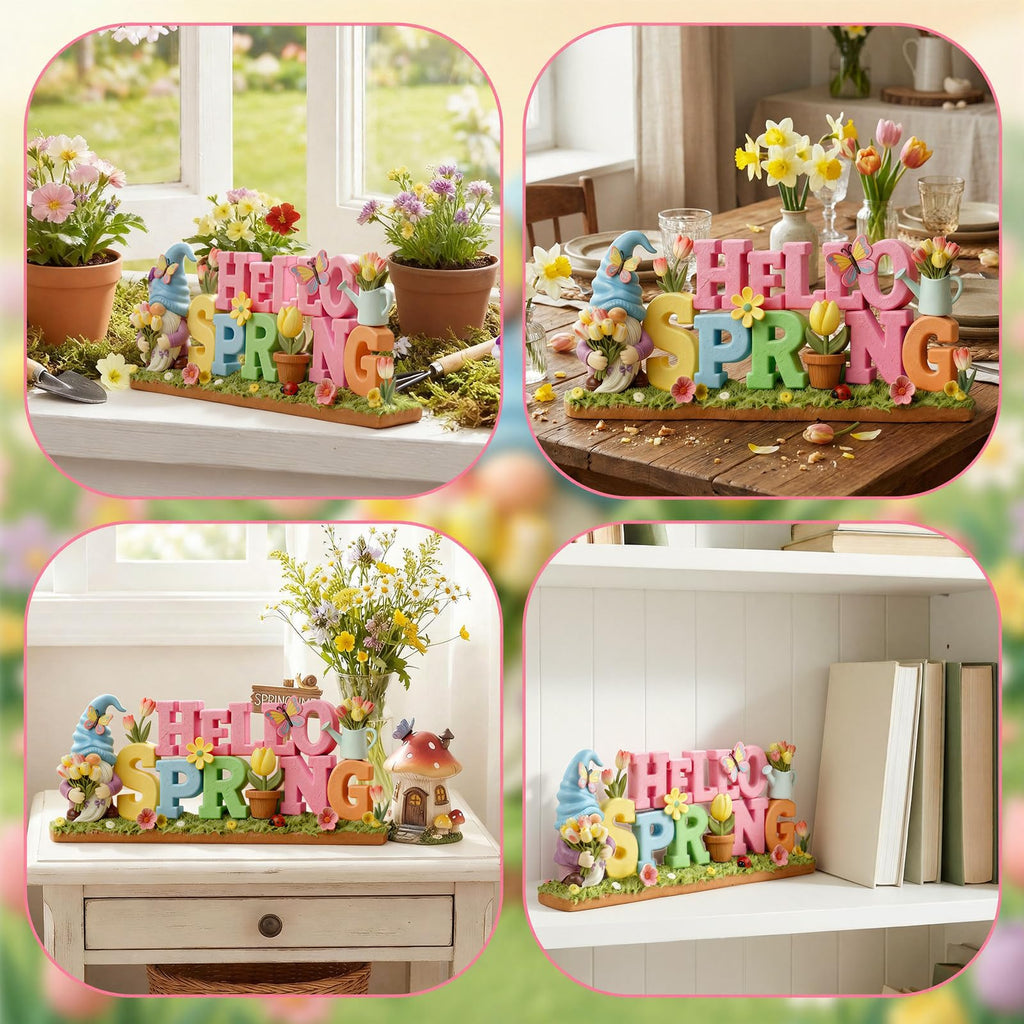 1 Pack Hello Spring Table Decoration Resin Spring Gnome Decorations Pastel Flower Table Sign Festive Floral Statue