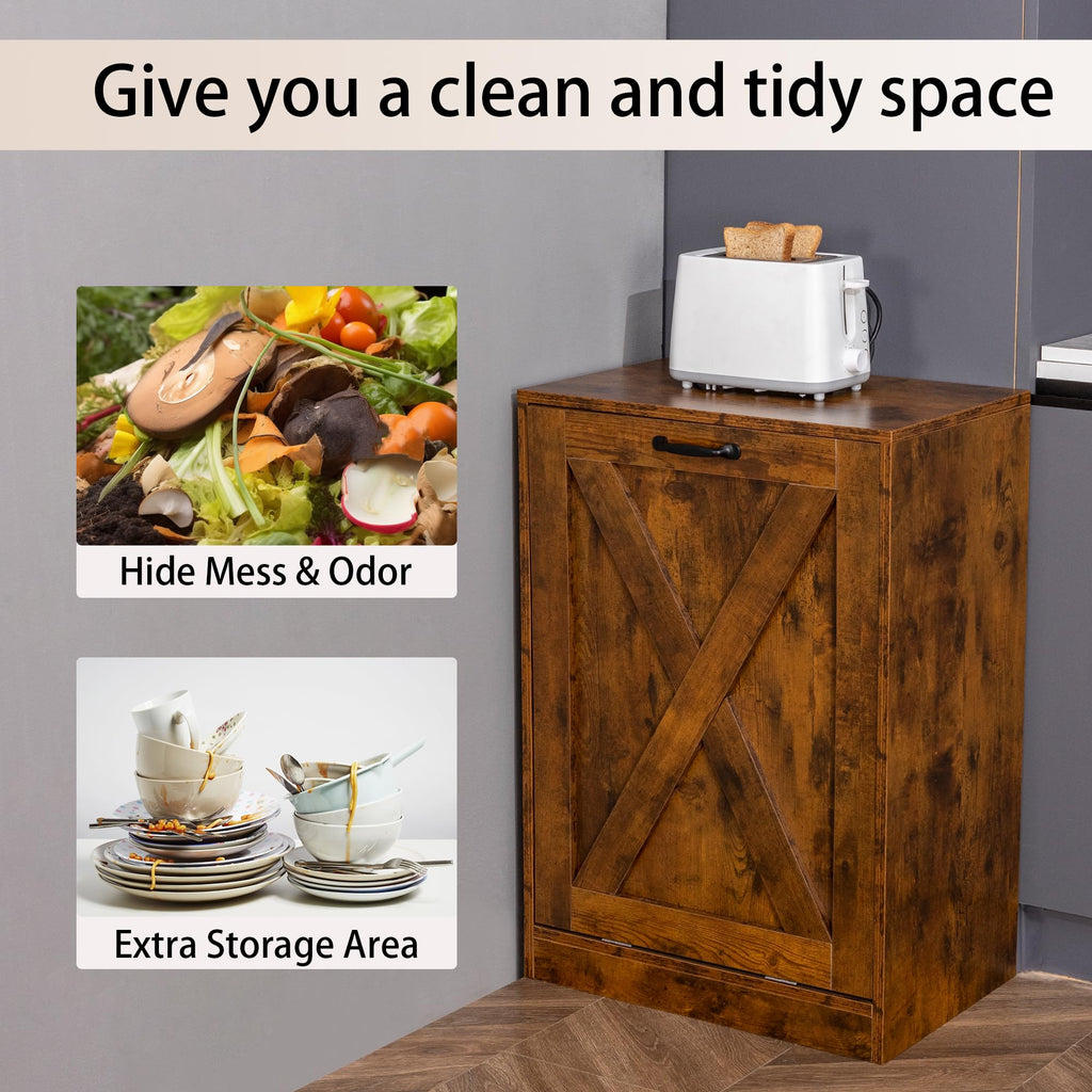 13 Gallons Tilt Out Trash Can Cabinet, Wooden Free Standing Kichen Waste Bin Recycling Cabinet Hidden Trash Cabinet