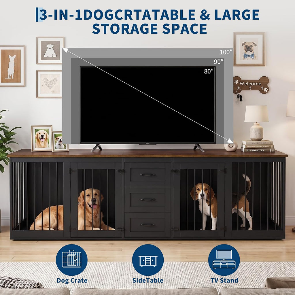 Double Dog Crate Furniture with 3 Drawers, Dog Kennel Indoor