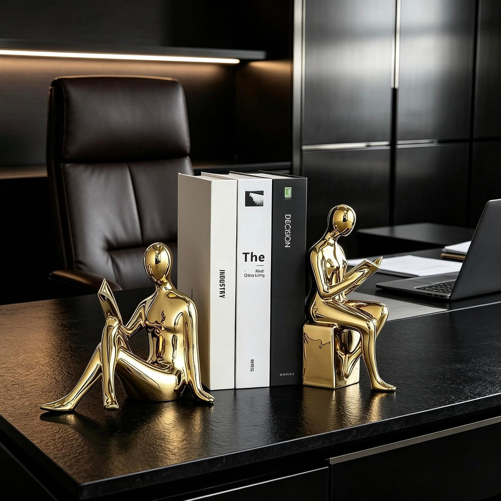 Home Decorative Reading Book Statue Bookends Elegant Ceramic Bookshelf Room Office Desk Decor,Paper Weights, Book