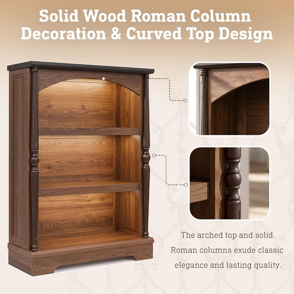 3-Tier Arched Bookcase with LED Lights Set of 2, Farmhouse Bookshelf with Solid Wood Classical Columns, Wooden Open