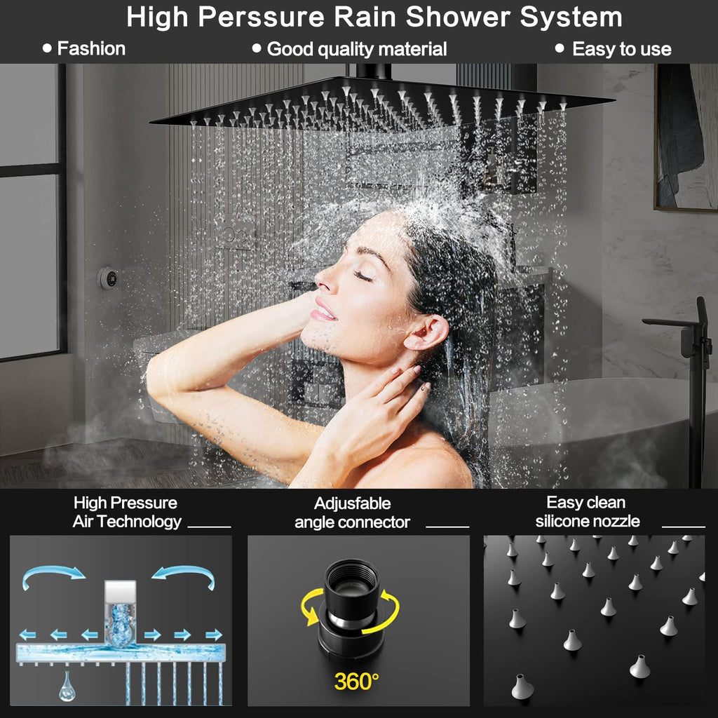 Matt Black Shower System Rain Faucet Set with Tub Spout, 12 inch