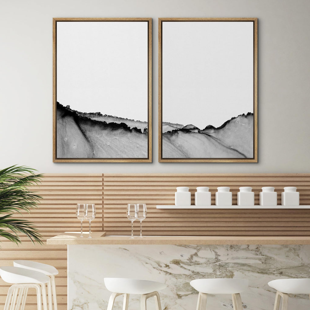 Framed Wall Art Print Set Black Paint Stroke Wave Collage Abstract Shapes Illustrations Modern Art Rustic Relax/Calm