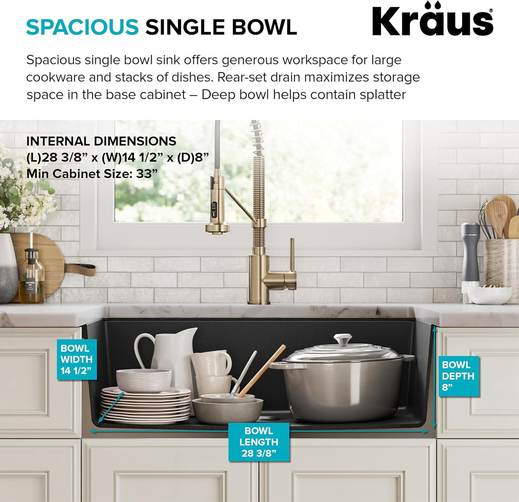 Black Onyx 31 in Undermount Granite Kitchen Sink KGU-413B | Quartz composite with metallic particles, heat-safe