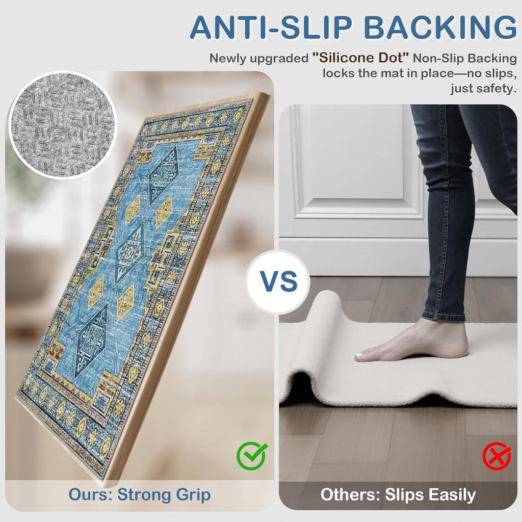 Kitchen Rugs Sets of 3 Non Slip Washable Kitchen Mats for Floor, Light Blue