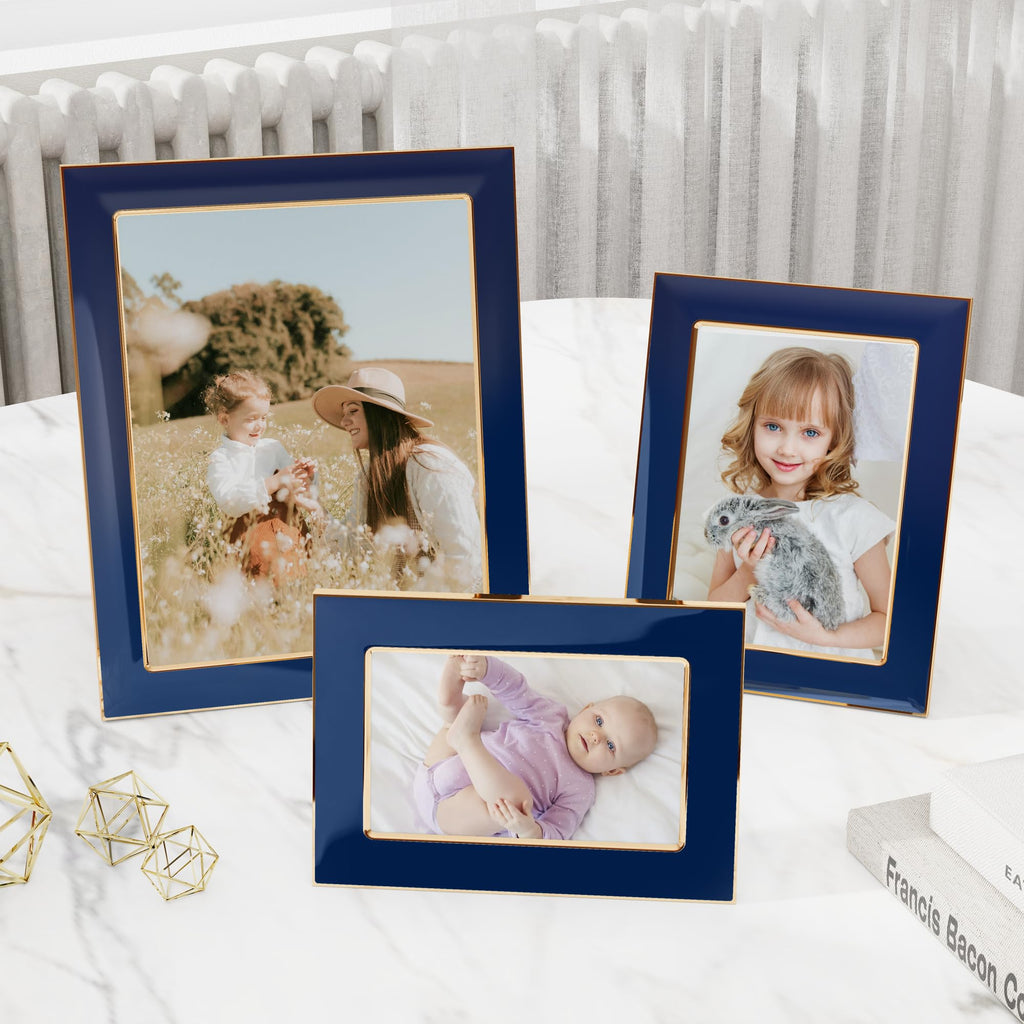 5x7 Enamel Picture Frame, Gold Edge, Navy Blue Enamel, Tabletop, 1pc