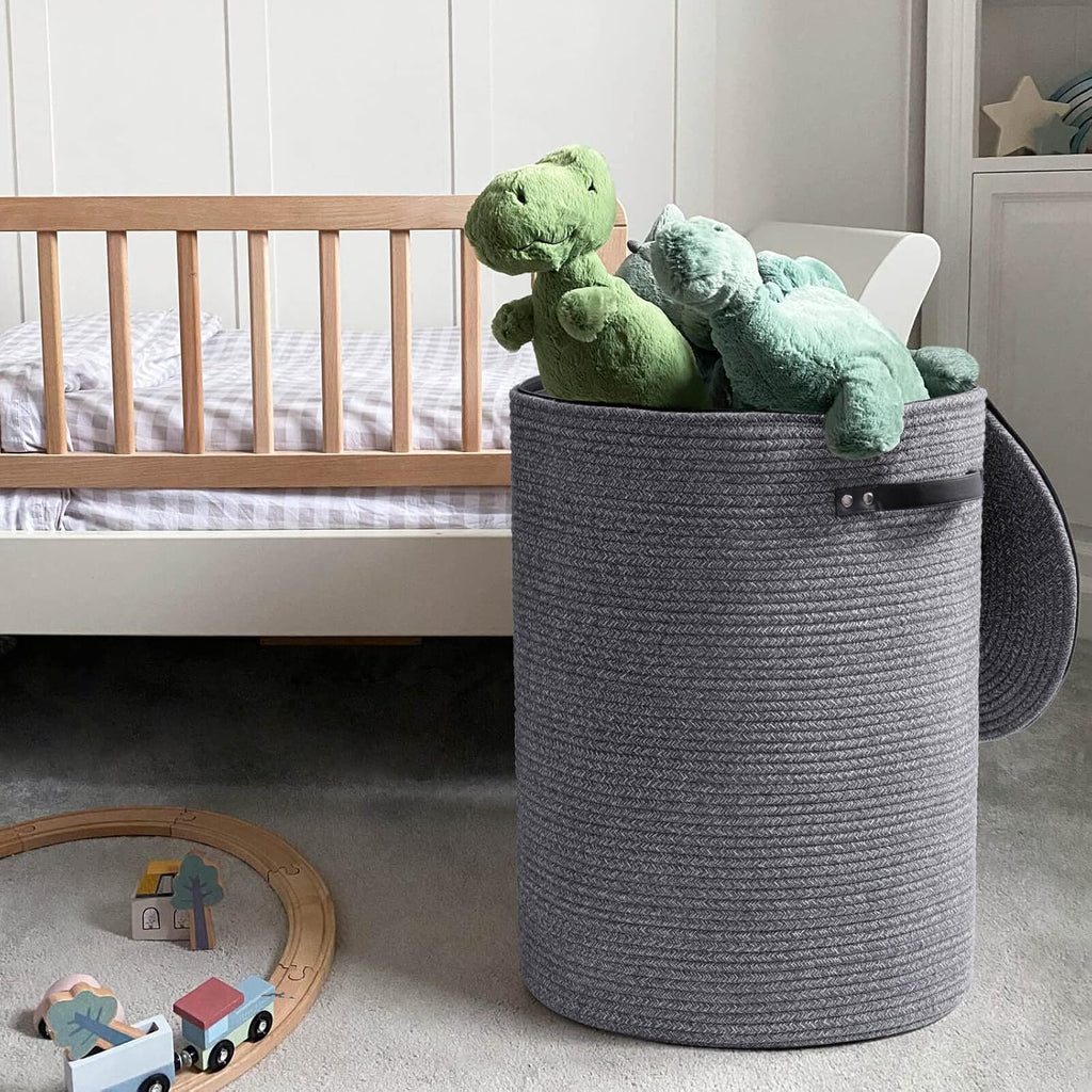 Large Woven Laundry Basket with Lid & Leather Handles, 60L, Grey | 15" x 20" Tall Laundry Hamper, Storage Basket for