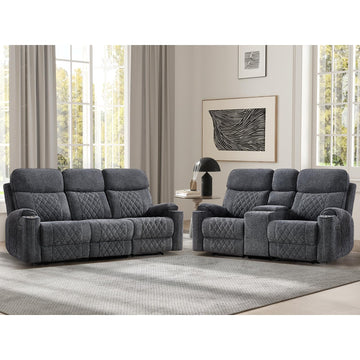 Power Reclining Sofa Set, Fabric Electric Recliner Loveseat and 3 Seater Sofa Couch with Cup Holders, USB Type-C