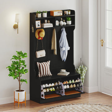 4-In-1 Hall Tree with Bench and Shoe Storage, Entryway Bench with Coat Rack & Flip Shoe Racks, Dual-Hook Hangers & PE