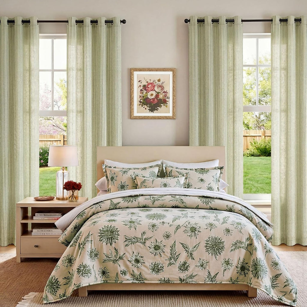 Linen Curtains for Living Room Sage Green on Beige Striped Curtains for Bedroom Ticking Stripe Pattern Light