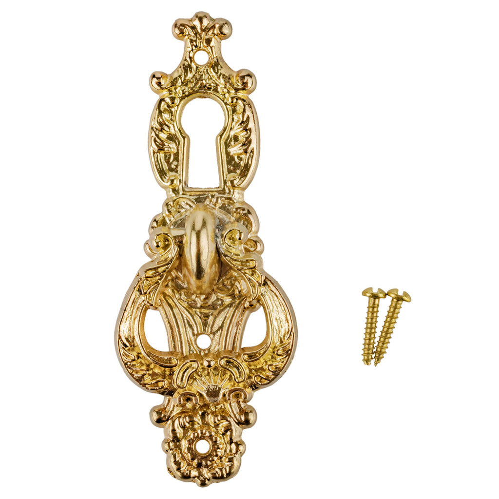 Baroque Style Brass Decorative Ring Pull with Keyhole Cover | 2 1/2" x 5/8" | Keyhole Escutcheon Plate for Cabinet