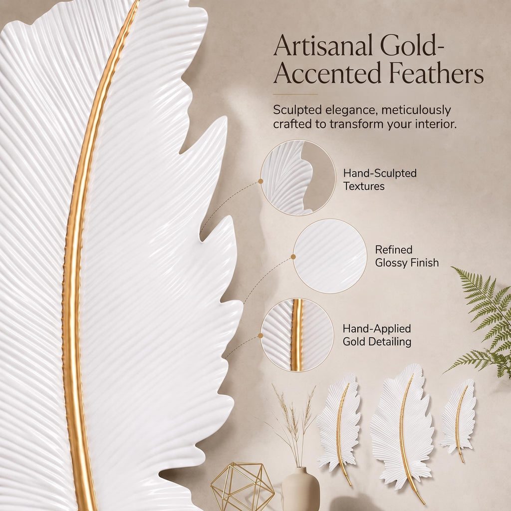 3-Piece 3D Metal Feather Wall Decor Set, White & Gold
