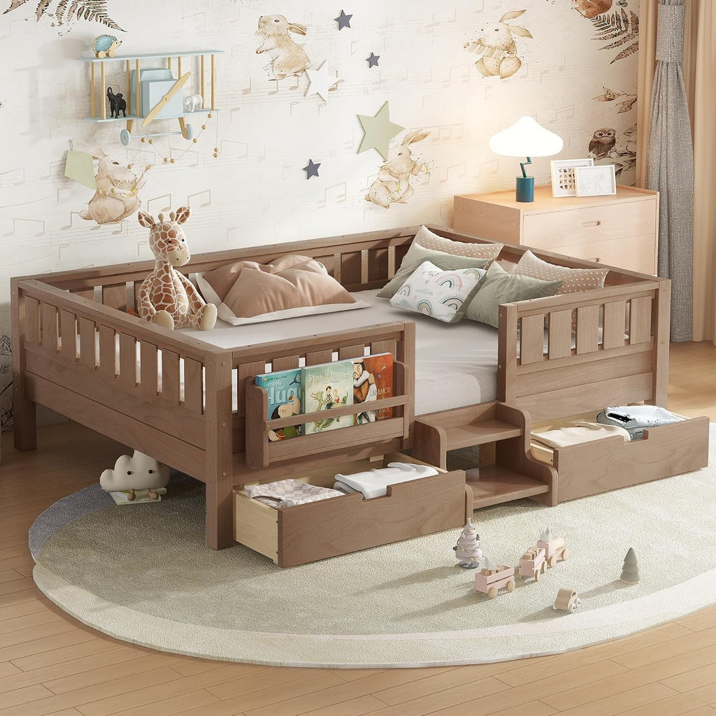 Full Floor Bed with Stairs, Rails and Slats, Full Size Montessori Floor Bed with Bookshelf and 2 Storage Drawers