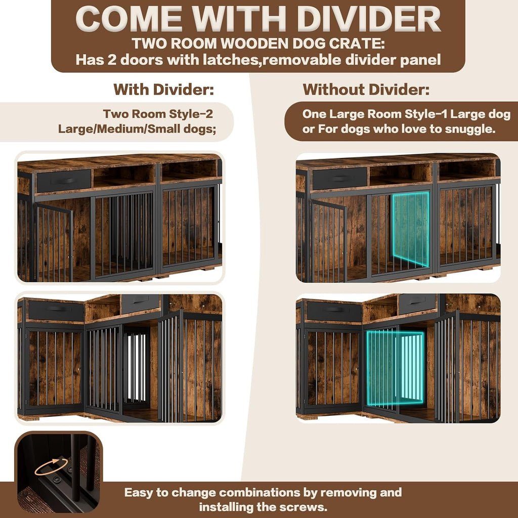 Corner Dog Crate Furniture, 67" Metal Frame L Shaped Double Dog Crate Kennel with Divider and 2 Fabric Drawers TV