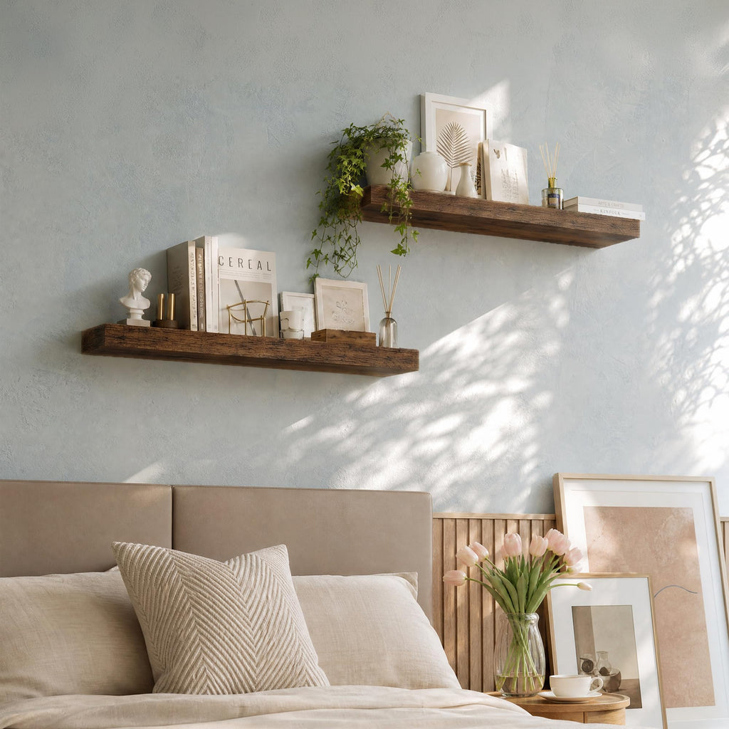 Floating Shelves for Wall, 28 Inch Wall Mounted Storage and Display Set of 2 Rustic Brown