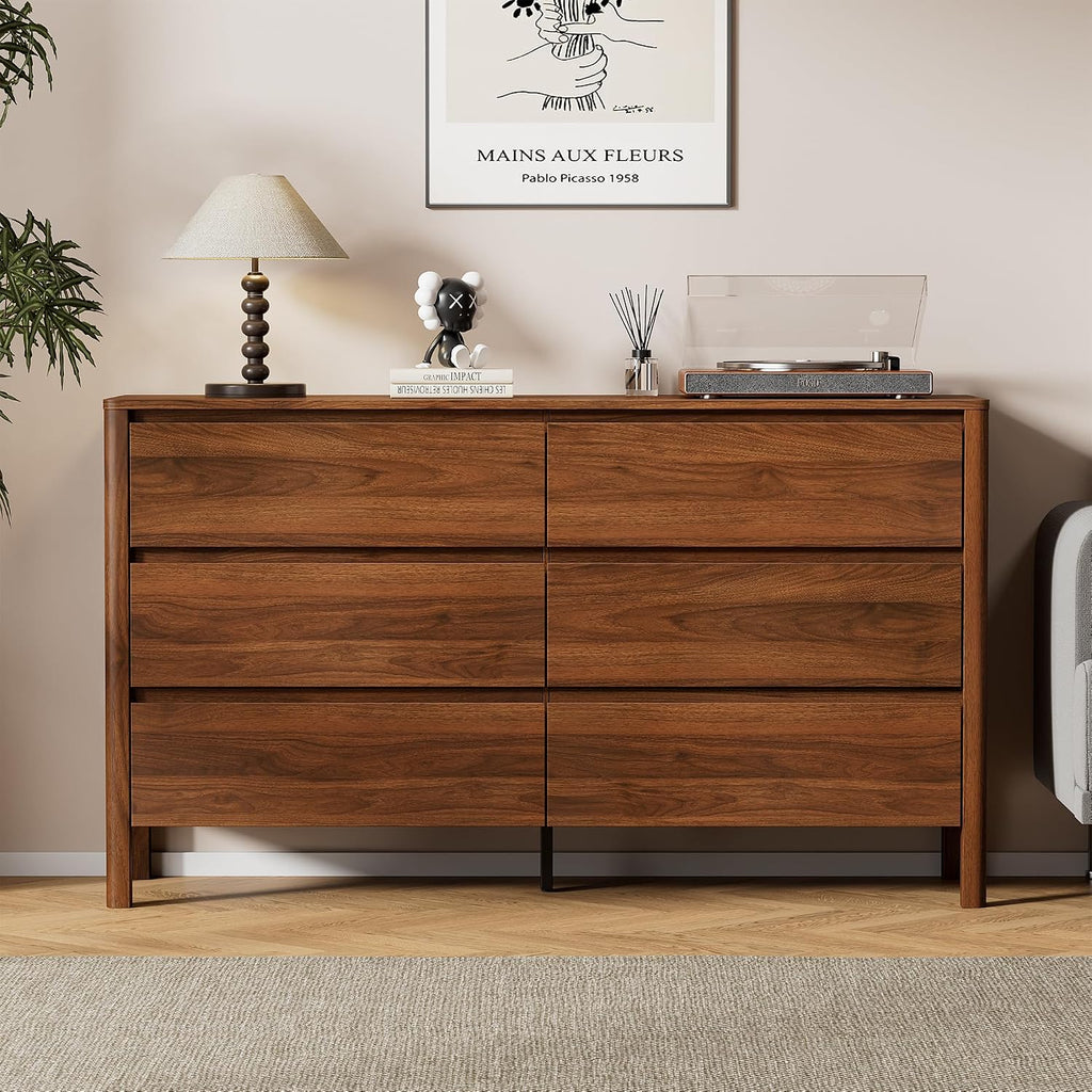 55" Mid-Century Modern Dresser , 6 Drawer Wide Chest of Drawers with Wood Legs, Large Storage Bedroom Dresser, Walnut
