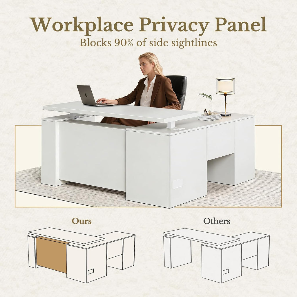 63 Inches L Shaped Standing Desk, Executive Electric Adjustable Desk with Storage Drawers and File Cabinet, AC/USB