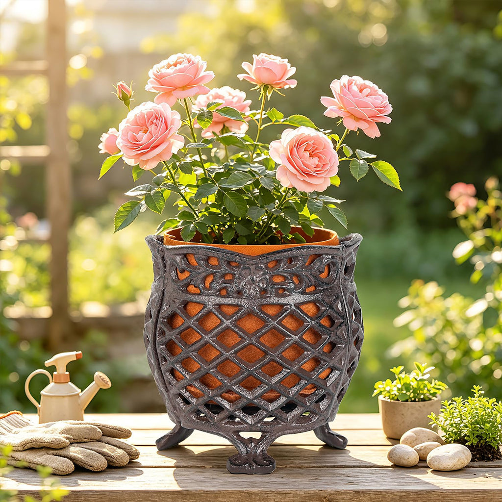 Vintage Cast Iron Urn Planter with Non-Woven Bag, Dark Brown
