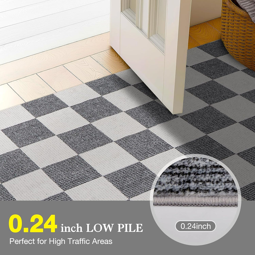 Washable Rug 5x7 ft Checkered Rug, Grey and White Area Rug, Boho Large Rugs, Low Pile Lightweight Indoor Carpet with