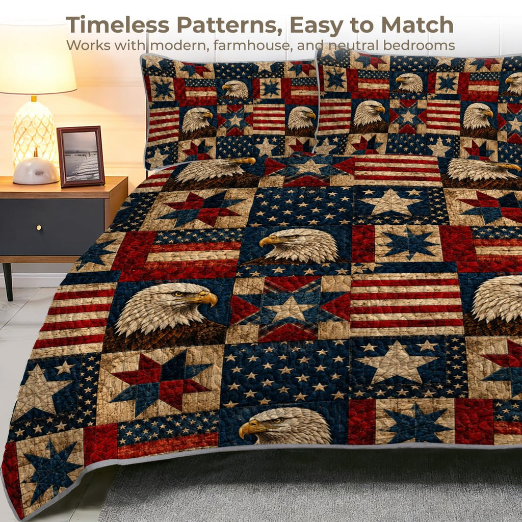 2 Pieces Patriotic Eagle Quilt Set with American Flag and Sunset Mountain Scene, Rustic Microfiber Bedding Decor, 1