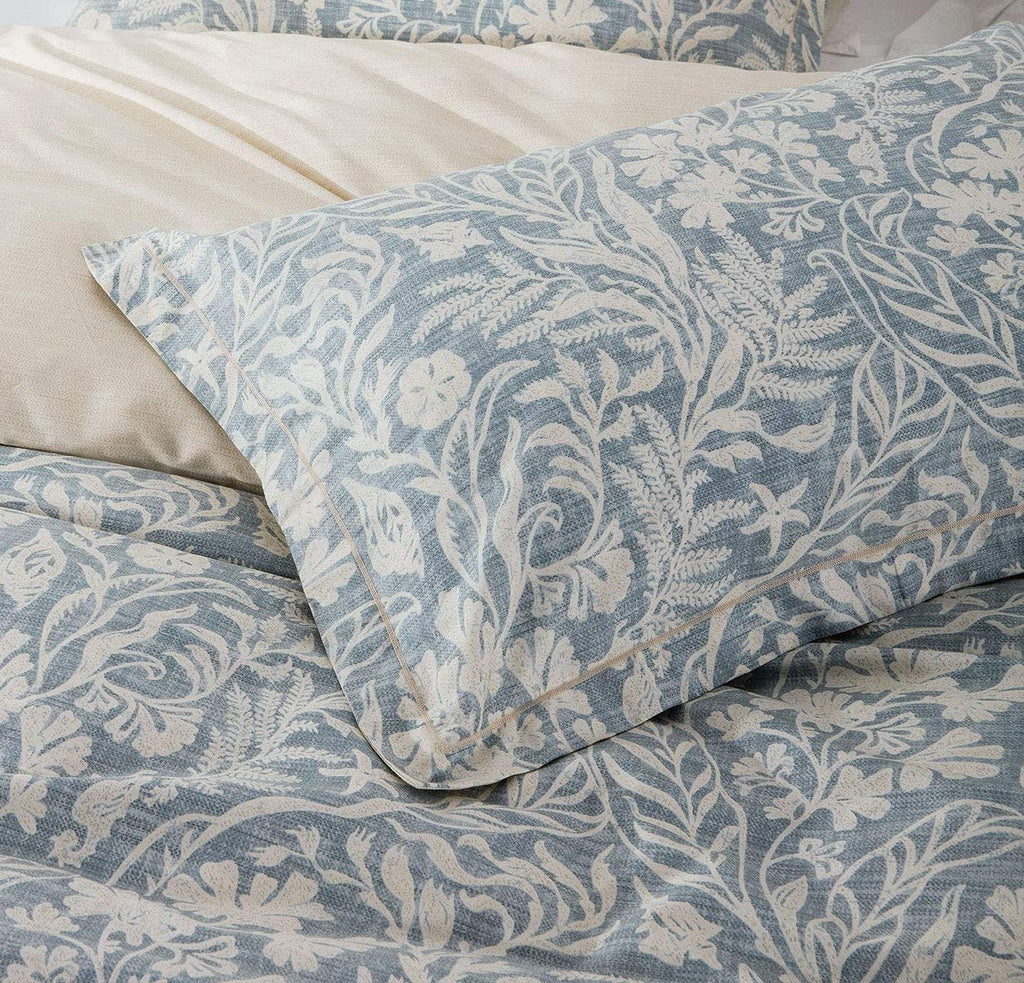 Duvet Cover King, 600 Thread Count Cotton Beige & Bluish Grey Printed with Luxurious Leaves Pattern Reversible