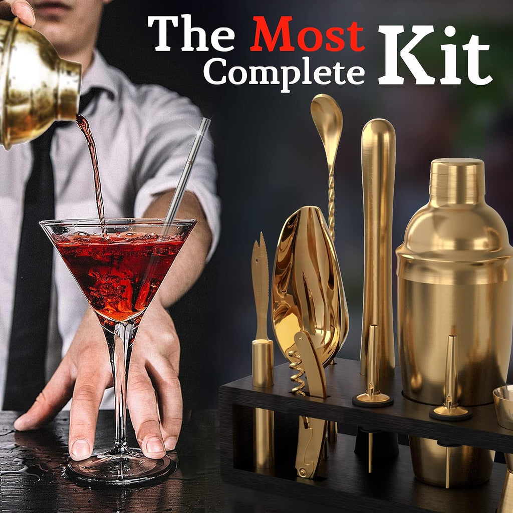 Bartender Kit with Espresso Bamboo Stand. Beautiful Cobbler Cocktail Shaker Set with Bar Tools Rustproof Stainless - Set of 13