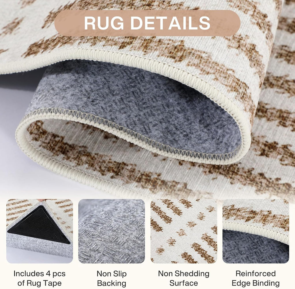 Ultra Thin Washable Area Rugs, Modern Non-Slip Rugs Dining Room, Striped Farmhouse Large Carpet Playroom, Khaki