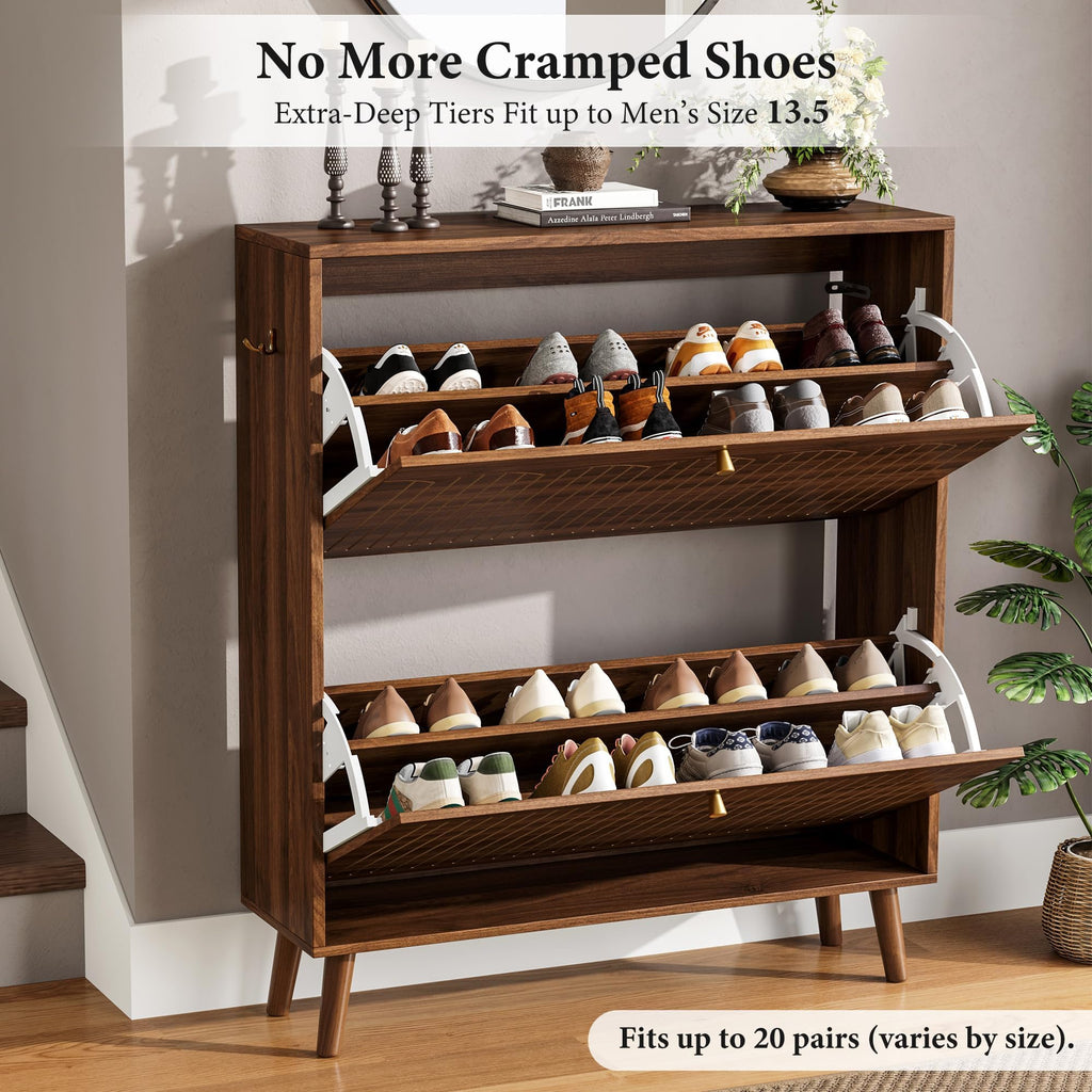 Mid-Century Modern Slim Shoe Cabinet, 9.5" Narrow Shoe Storage Cabinet with Architectural Arched Fluted Front