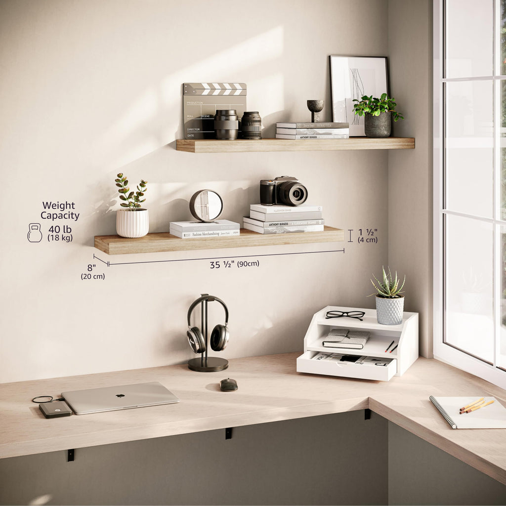 Floating Shelves for Wall, 48" Wood Wall Shelf Set of 2, with Invisible Brackets, 8" Deep, Oak Finish