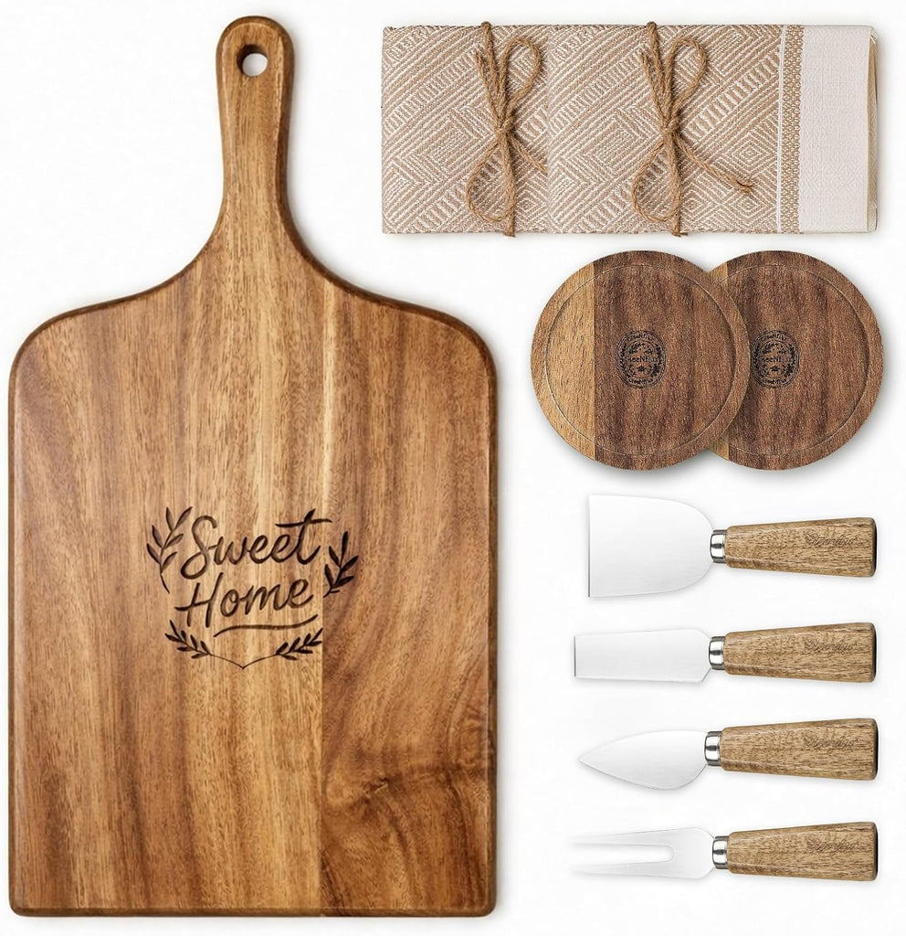 9-Piece Charcuterie Board Gift Set, Acacia Wood Cheese Board with Knives | 100% Acacia Wood, Cheese Knives &