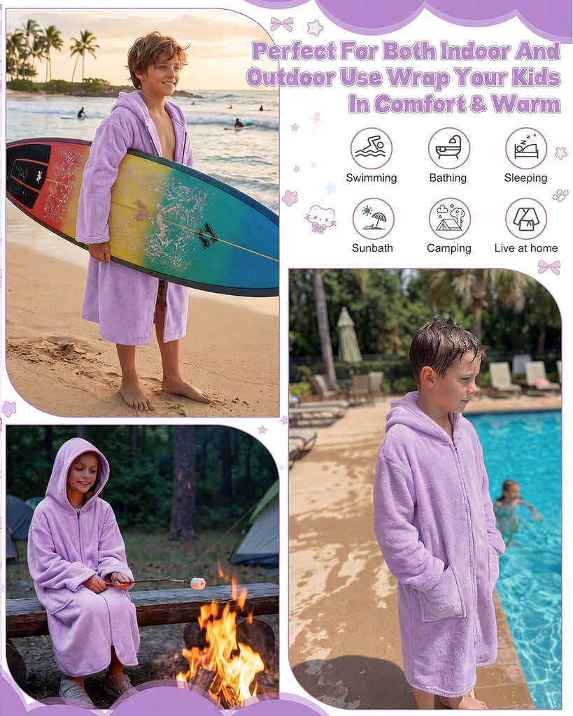 Kids Hooded Bath Towel, Soft Warm Zipper Swim Parka