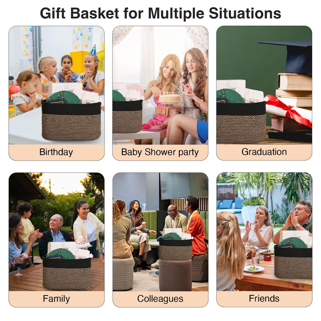 Woven Cotton Rope Baskets for Gifts Empty, 15×11×9.5 Jute & Black