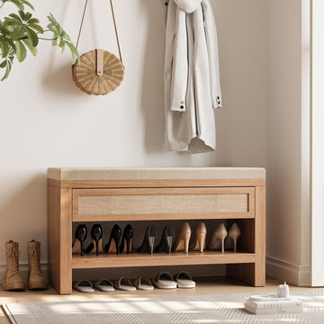 32" Shoe Bench with Storage Drawer, Farmhouse Entryway Bench with Linen Seat Cushion, Wooden Shoe Rack with Shelf