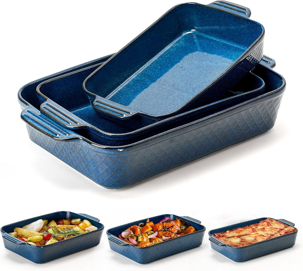 Ceramic Dish Set of 3, Casserole Dishes for Oven, Square Porcelain Bakeware Set with Handles, Lasagna Pan for
