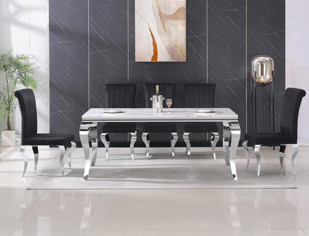 Modern Dining Table for 6-8, 68 Inch White Marble Kitchen Table with Silver Mirrored Cabriole Legs, Luxurious