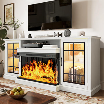 70'' Fireplace TV Stand, Farmhouse Entertainment Center with 3 Sided Glass TV Stand, Modern Media Console Table with