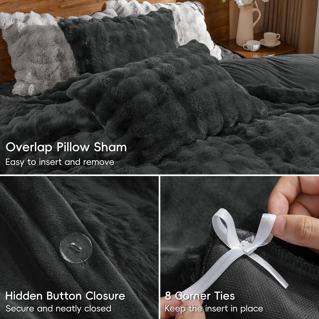 Fluffy Rabbit Faux Fur Duvet Cover Set, Black Oyster
