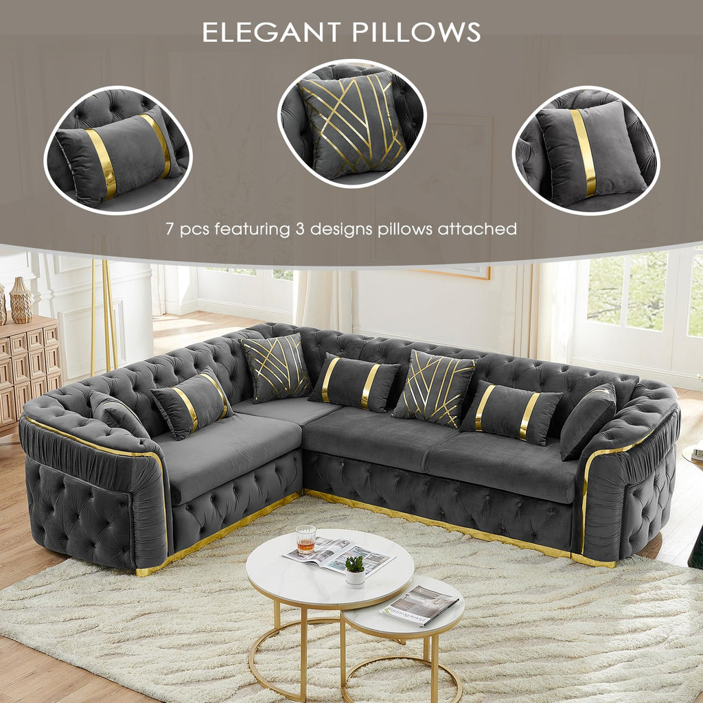 Oversize Luxury Sectional Couch 110.5" Chesterfield Sofa, Grey and Gold Sofas with Metal Accents, Victorian Curved