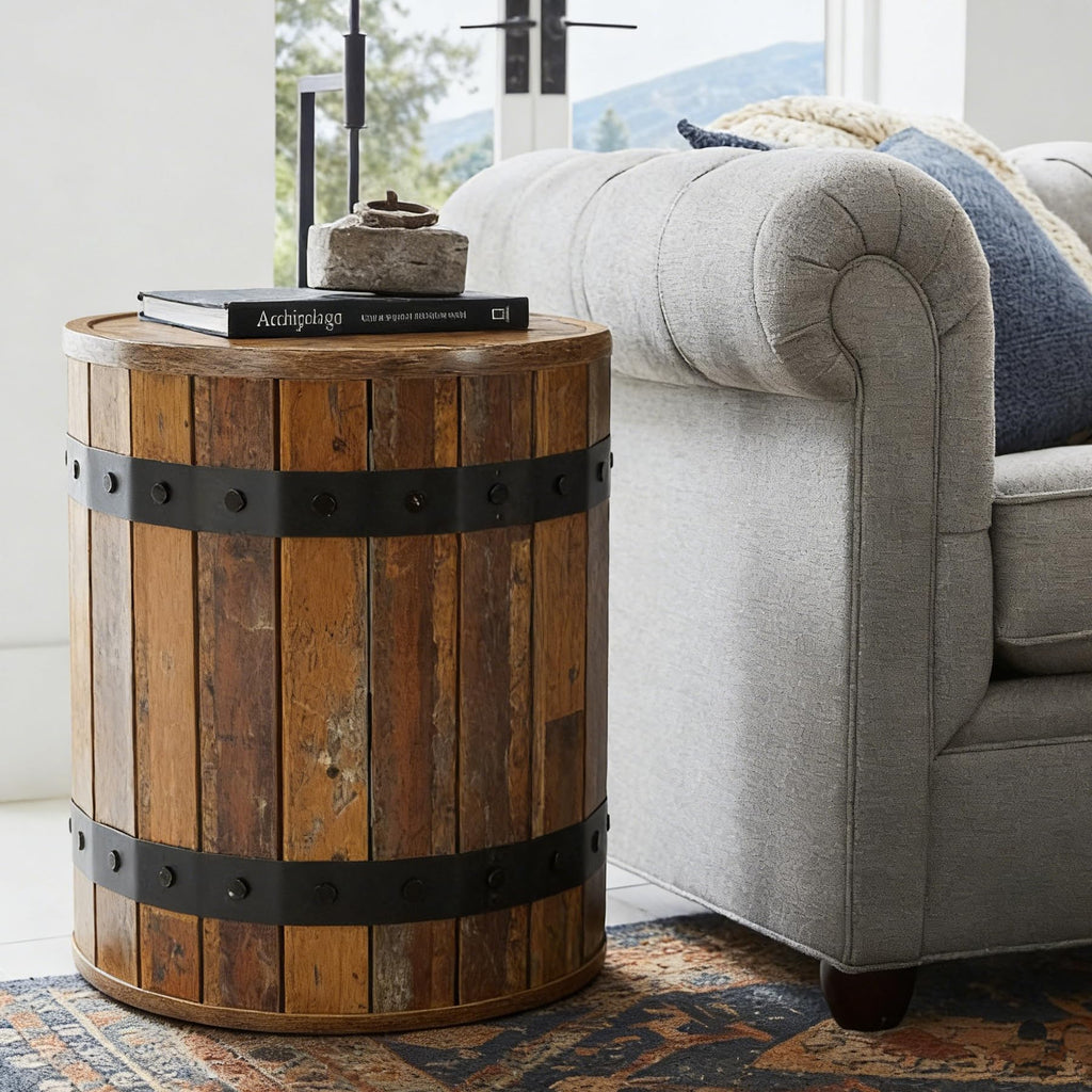 Barrel Side Table with Hidden Storage, 19.68" Farmhouse Round Rustic Wood End Table with Removable Lid, 24" Tall Sofa