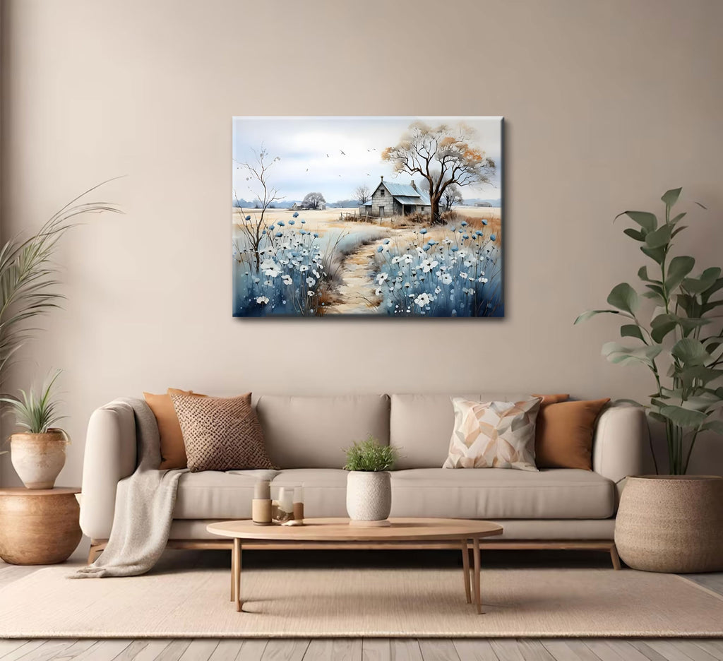 Framed Rustic Farmhouse Canvas Wall Art Beautiful Field Painting Wildflower Barn Print Nature Scenery Picture French