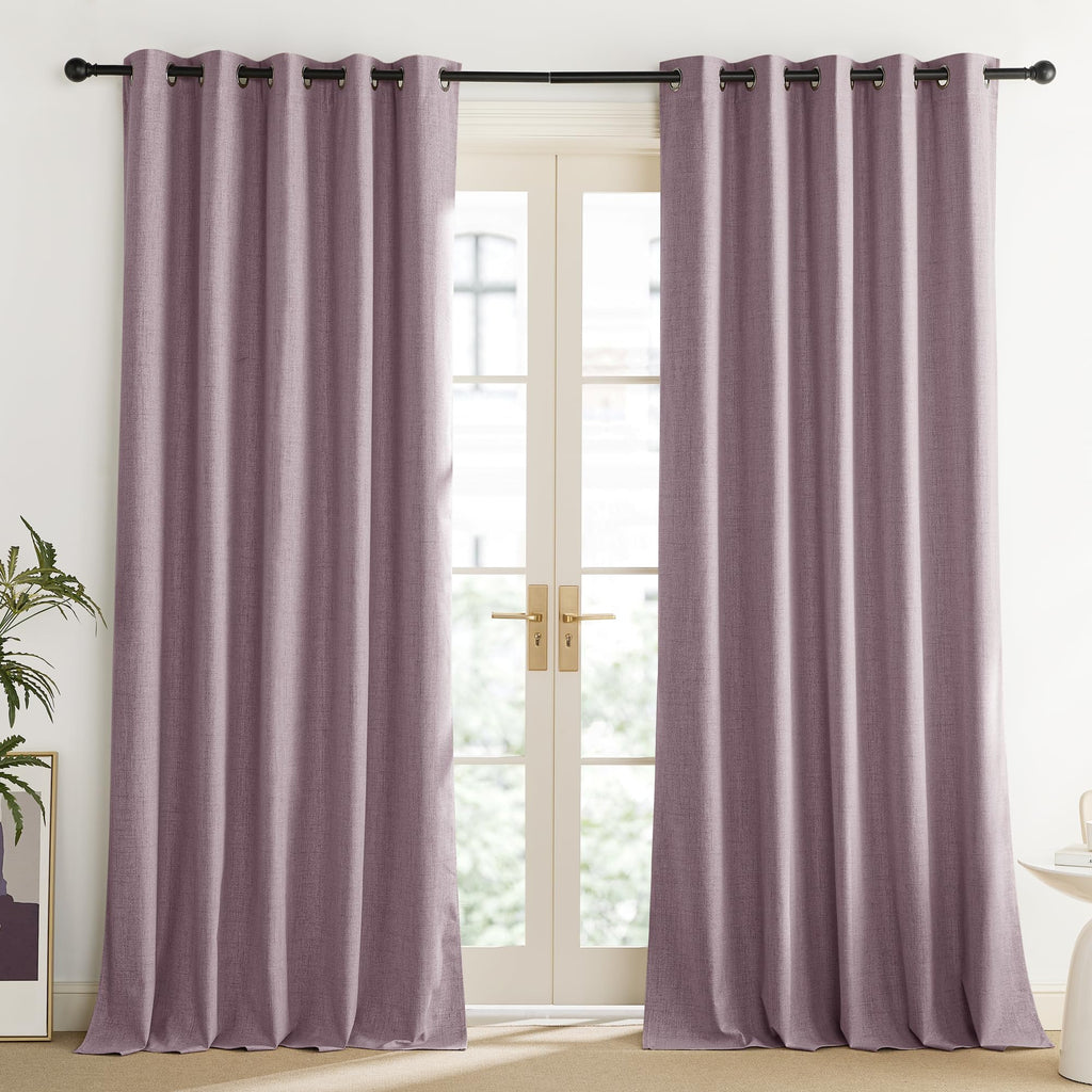 Chaise Mauve Vintage Linen 100% Blackout Curtains, Thermal Insulated Curtains 95" Long, Noise Reducing Window