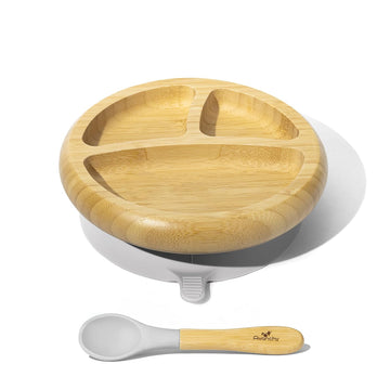 Baby Plates Divided Bamboo with Suction for Babies Kids Toddler Food with Silicone Spoon for Feeding (Gray)
