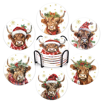 6 Pcs Christmas Coasters Cup Mat with Metal Holder Watercolor Highland Cow Snowflake Ceramic Drink Coasters for Xmas