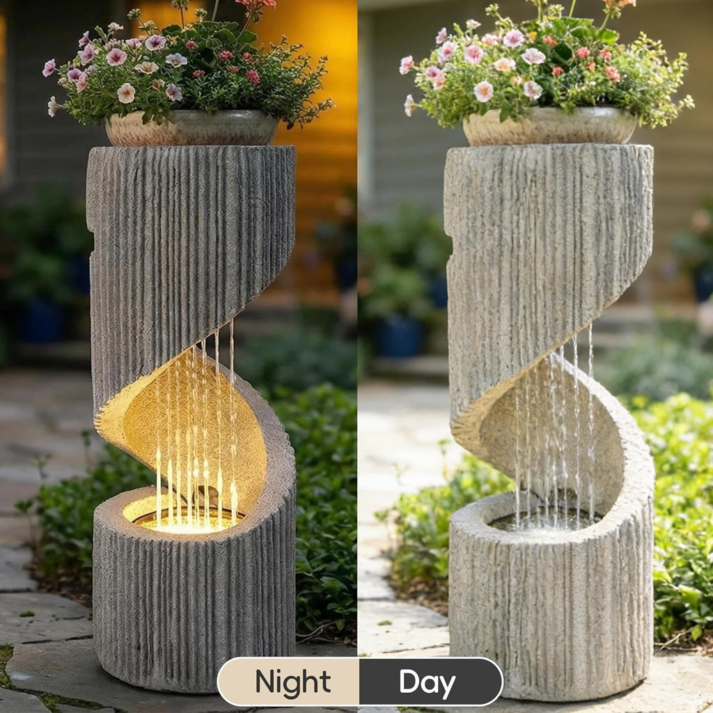 Modern S-Shaped Outdoor Fountain with LED Light, 30" Tall Spiral Column Waterfall Feature with Flat Top for Plant
