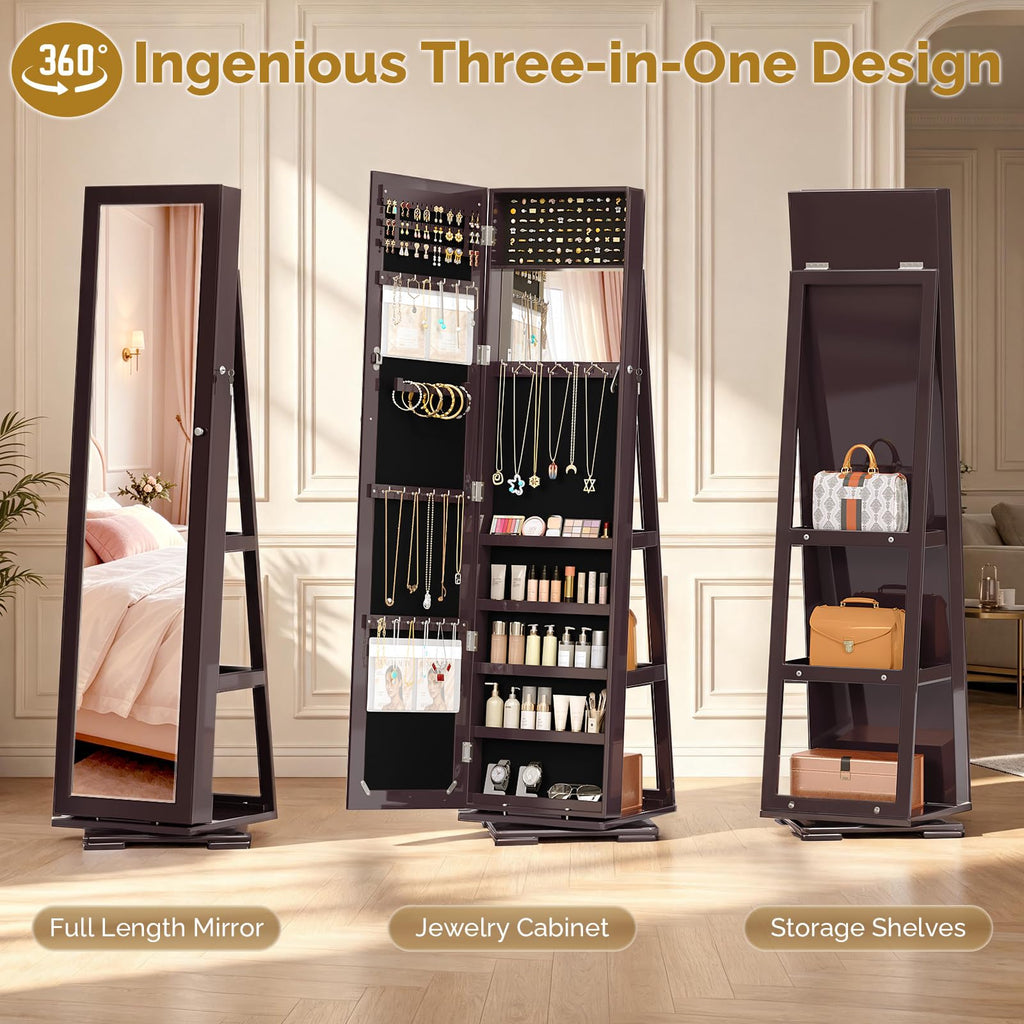 360° Swivel Jewelry Mirror Cabinet with Full-Length Mirror and Interior Makeup Mirror, Lockable Standing Jewelry